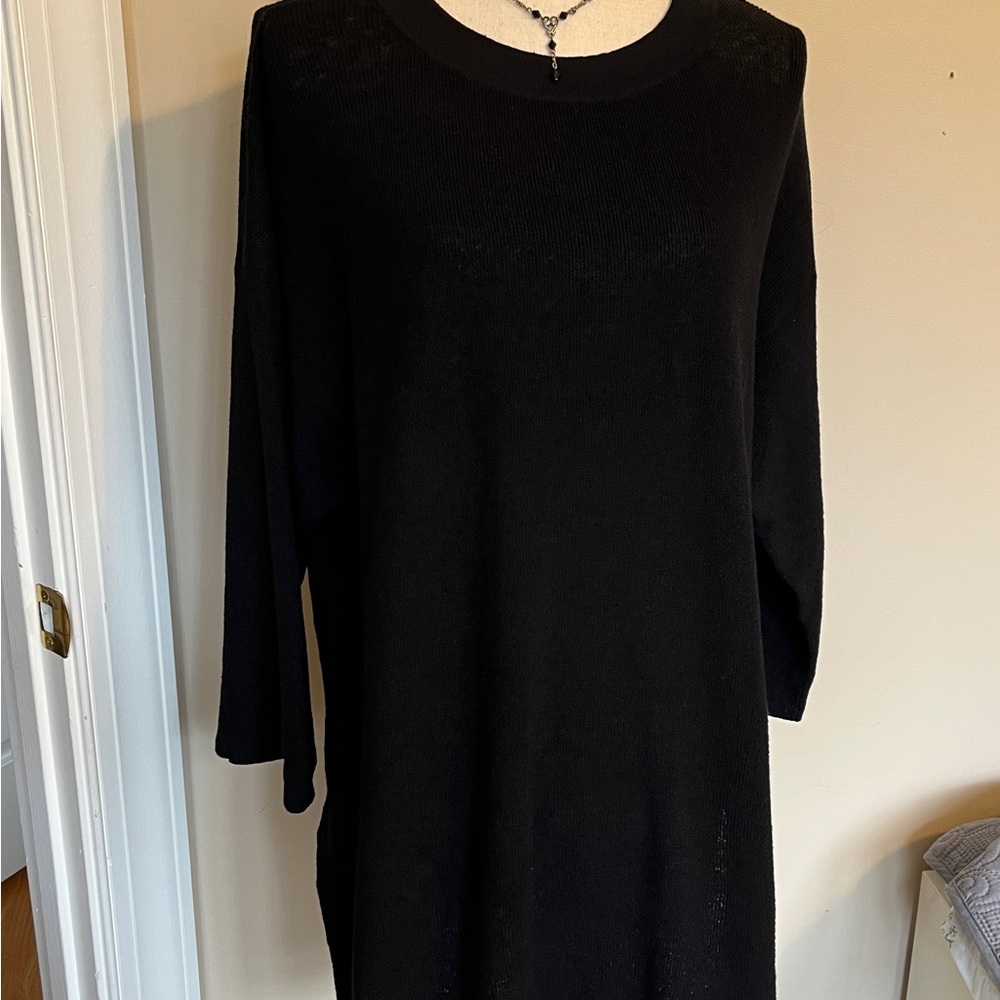 Eileen Fisher Organic Linen Sweater Long Oversize stretch pullover black S/M - Picture 2 of 9